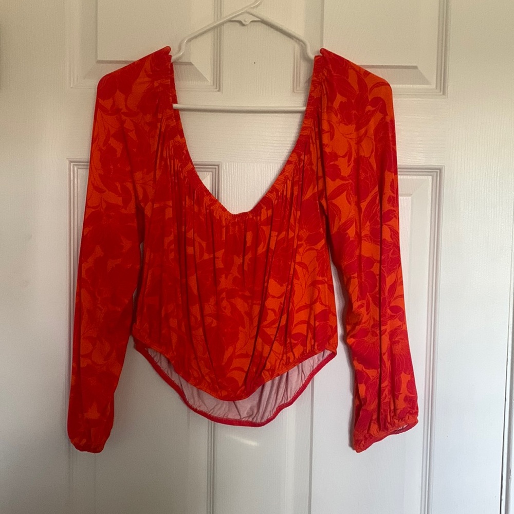 Bright Floral Long Sleeve Off the Shoulder Crop Top